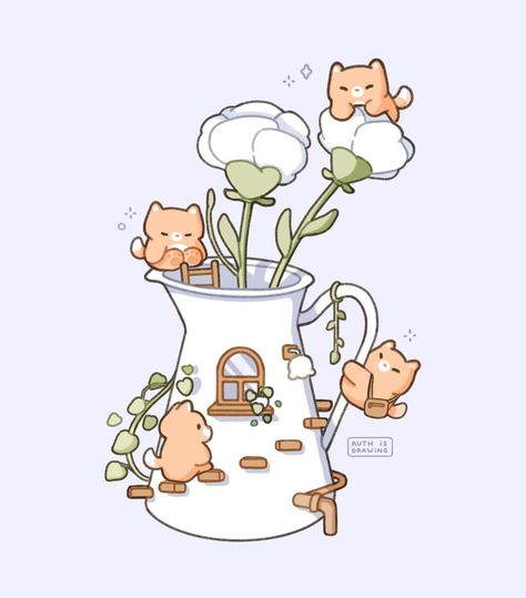 ⊹ Ruth ⊹’s Instagram post: “🌱 flowers ⊹ This illustration was inspired by a flower vase I have here in my studio! ♡ Which little shiba would you like to be? 💕 I…” Kawaii Flower Illustration, Simple Cute Flower Drawings, Kawaii Illustration Art, Flower Vase Illustration, Cute Flower Illustration, Flower Garden Illustration, Adorable Doodles, Flower Kawaii, Vase Drawing