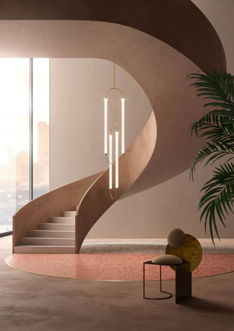 Giopato & Coombes | Cirque Staircase Architecture, Table Trays, Dreamscape Architecture, Color Aesthetic, Spiral Staircase, Led Pendant Lights, Staircase Design, Stairs Design, Dining Room Lighting