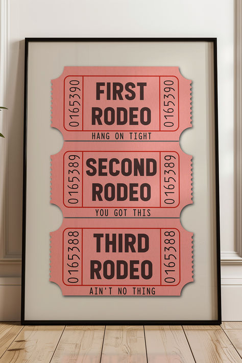 Add a playful touch to your space with this unique art print featuring three vintage pink ticket stubs labeled "First Rodeo," "Second Rodeo," and "Third Rodeo." This quirky, fun design is perfect for those who love trendy, boho, and eclectic decor. With its nod to Western charm, this print brings a whimsical vibe to any room, making it an ideal conversation starter. Pink Tickets, Second Rodeo, Ticket Stub, Deco Rose, Decor Western, First Rodeo, Ticket Stubs, Vintage Poster Art, Trendy Boho