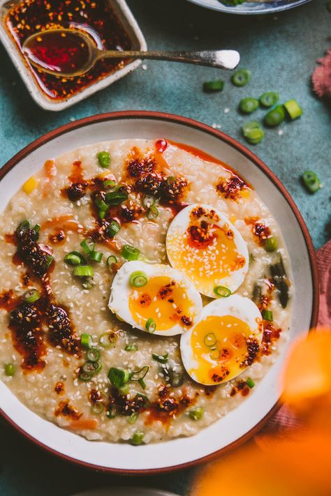 Congee With Miso Sauce and Chili Oil - Playful Cooking Congee Recipe Vegetarian, Congee Recipe Breakfast, Chili Oil Recipe, Miso Sauce, Fancy Breakfast, Hearty Meal, Fall Flavors, Instant Recipes, Chili Oil