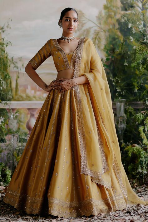 Buy Jigar Mali Yellow Chanderi Floral Embroidered Lehenga Set Online | Aza Fashions Mustard Lehenga, Latest Bridal Lehenga, Raw Silk Lehenga, Yellow Lehenga, Indian Outfits Lehenga, Lehenga Designs Simple, Indian Dresses Traditional, Embroidered Lehenga, Lehenga Blouse