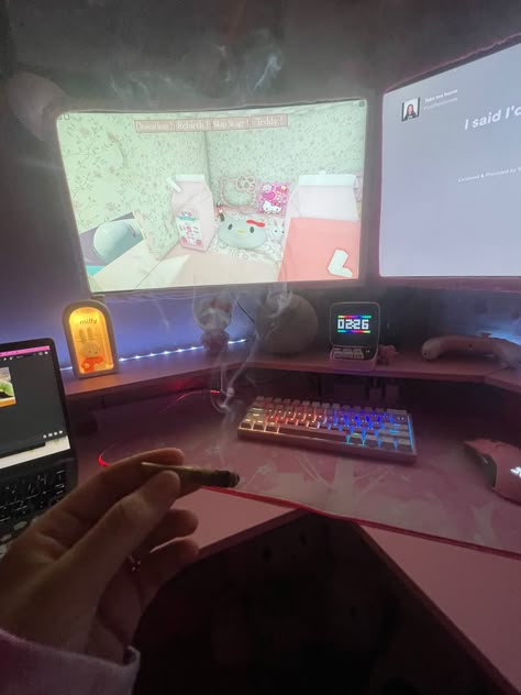 Roblox Pc, Video Game Room Design, Gaming Room Setup, Pink Hello Kitty, Puff And Pass, Pc Setup, Game Room Design, Hello Kitty Items, Room Setup