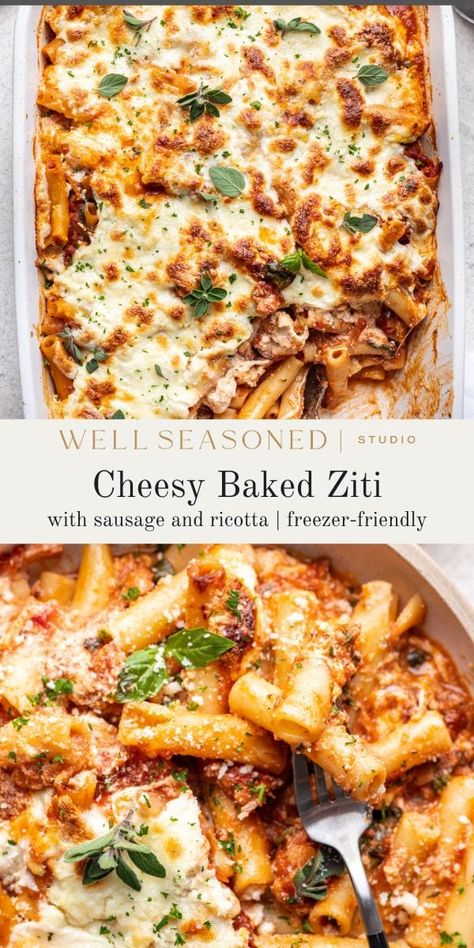 Baked Ziti with Ricotta & Sausage is the ultimate comfort food. Perfectly al dente pasta, rich, creamy ricotta cheese, savory sausage, and a flavorful red sauce, all under a blanket of melted mozzarella. It just screams Sunday supper! Be sure to stick the baked ziti under the broiler just before serving to ensure golden brown bits in every slice. Make-ahead and freezer-friendly. #wellseasonedstudio #bakedziti #sausage #ricotta #bakedpasta Sausage And Ricotta Pasta, Dump And Bake Baked Ziti, Baked Ziti With Ground Beef And Sausage, Baked Ziti Recipe With Ricotta, Baked Ziti With Italian Sausage Ricotta, Spicy Baked Ziti, Make Ahead Baked Ziti, Baked Ziti With Ground Beef And Ricotta, Baked Rigatoni With Ricotta