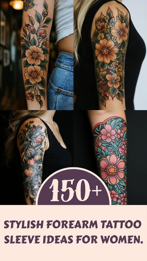 Discover unique and inspiring woman tattoo ideas for your next forearm tattoo sleeve design. Explore feminine and beautiful designs perfect for women looking to enhance their style with gorgeous floral details. Find the perfect woman tattoo sleeve inspiration to express your individuality and creativity. Let these stunning forearm tattoo sleeve ideas empower you to embrace your femininity with confidence. Elevate your look with a one-of-a-kind forearm tattoo sleeve that speaks to your personalit Wild Flower Forearm Tattoo Women, Wildflower Forearm Sleeve, Wildflower Half Sleeve Tattoo Forearm, Woman Tattoo Sleeve, Sleeve Ideas For Women, Forearm Tattoo Sleeve, Flower And Bee Tattoo Half Sleeves, Nature Sleeve Tattoo, Woman Tattoo Ideas