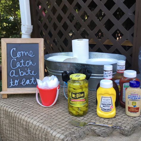 Fruit Tray Fishing Theme, 1st Birthday Fishing Theme Food, Fish Fry Table Setting, Lake 1st Birthday Party, Fishing Theme Birthday Food, Fishing 1st Birthday Party Food Ideas, Fishing Birthday Party Snacks, Fishing Birthday Party Food Ideas, Fishing Third Birthday Party