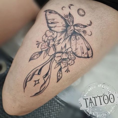 Black & Grey Luna Moth thigh tattoo by Andrea Black And Grey Luna Moth Tattoo, Luna Moth Shoulder Tattoo, Moth Thigh Tattoo Women, Moth Hip Tattoo, Celestial Thigh Tattoo, Witchy Thigh Tattoo, Luna Moth Sternum Tattoo, Moth Tattoo Thigh, Upper Bicep Tattoo Women