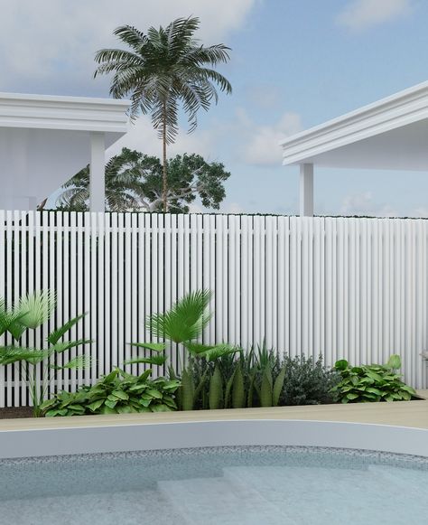 CURVA battens — Glass Outlet White Batten Fence, White Pool Fence Ideas Australia, Curved Pool Fence, Batten Fence, Aluminum Pool Fence, Backyard Pool Design, Glass Pool Fencing, Scarborough Beach, Glass Fence