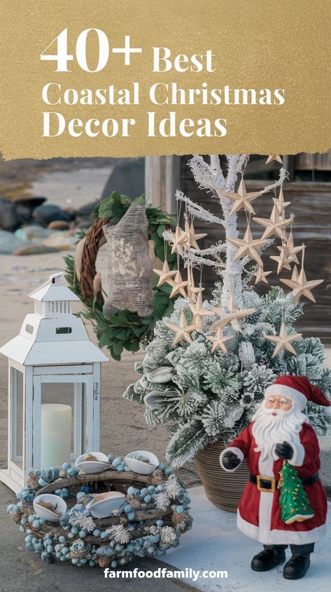 40+ Cozy Coastal Christmas Decor Ideas for a Warm Winter Feel (2024) Driftwood Trees, Starfish Tree Topper, Coral Centerpieces, Christmas Porch Decorating Ideas, Nautical Wreaths, Beachy Colors, Coastal Christmas Decor, Seashell Ornaments, Porch Decorating Ideas