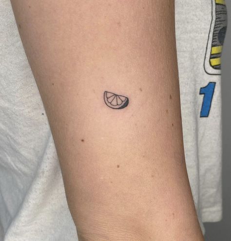 Tiny Person Tattoo, Lemon Slice Tattoo Minimalist, Tiny Dice Tattoo, Lime Tattoo Minimalist, Lime Tatoos, Party Tattoo Ideas, Lime Slice Tattoo, As It Was Tattoo, Lemon Wedge Tattoo