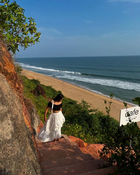 Change of scenery🏝️☀️ #beach #outfit #white #aesthetic #varkala #tripislife #kerala #instagood Kerala Piravi Outfit, Varkala Outfits, Varkala Aesthetic, Varkala Beach Photography, Munnar Photography Kerala, Munnar Trip, Beach Outfit White, Kerala Aesthetic, Varkala Beach