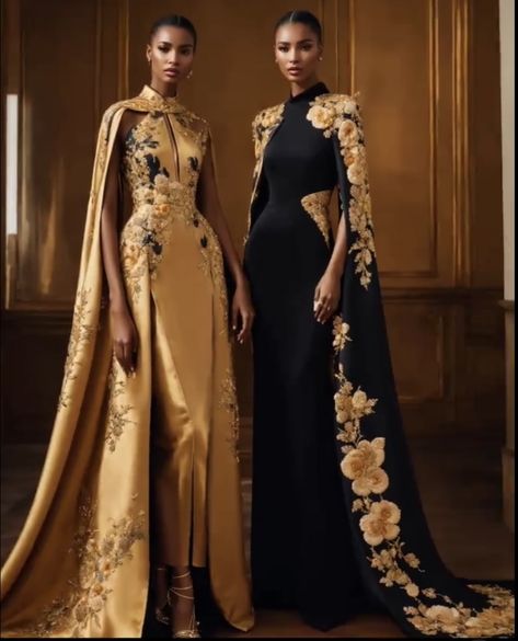 Capes Fashion Couture, Gold Flower Dress, Cheongsam Gown, Black And Gold Gown, Dubai 2023, Gown With Cape, Gold Gown, Elegant Dresses Classy, Vestido Plus Size