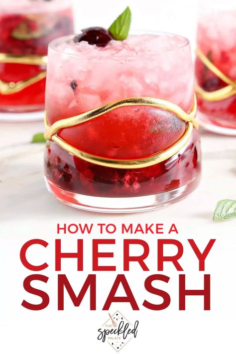 A Cherry Smash Cocktail with honeysuckle vodka is easy to mix at home. This refreshing 6-ingredient cherry drink is perfect for the summertime. Turn it into a pitcher drink when hosting friends! #EasyEntertaining #SpeckledPalate Cherry Vodka Drinks, Mocktail Ideas, Local Burger, Pitcher Drinks, Cherry Drink, Summertime Cocktail, Cherry Lemonade, Cherry Vodka, Spring Dishes