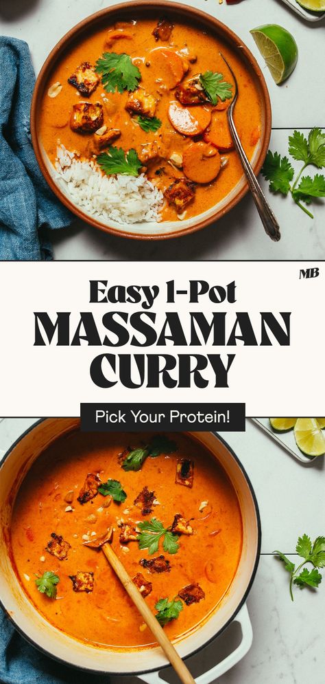 Simple, 1-pot Massaman curry made without store-bought Massaman curry paste! Simply use spices you have on hand plus Thai red curry paste to achieve this flavorful, rich Massaman curry! Optional protein suggestions for vegans, pescatarians, and meat-eaters! Healthy Massaman Curry, Masman Curry Recipe, Masman Curry, Vegan Massaman Curry Recipe, Vegan Massaman Curry, Lamb Massaman Curry, Massaman Curry Recipe, Cauliflower And Chickpea Curry, Thai Massaman Curry