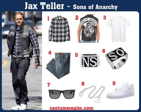 Dress Like Jax Teller From Sons of Anarchy, Jax Teller Costume, Halloween Costume, Cosplay, Outfit, Fashion, Style Guide Jax Teller Style, Jax Teller Outfit, Sons Of Anarchy Tattoo Ideas, Jax Teller Tattoos, Sons Of Anarchy Outfits, Sons Of Anarchy Halloween Costume, Sons Of Anarchy Costume, Sons Of Anarchy Vest, Sons Of Anarchy Style