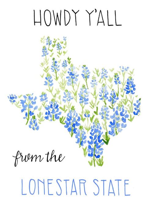 Texas Card Lonestar State Card State of Texas Card Blue Watercolor Blue Bonnets, Texas Design Art, Texas Painting Ideas, Blue Bonnet Drawing, Blue Bonnet Painting, Texas Themed Tattoos, Flowers Drawing Watercolor, Bluebonnet Watercolor, Texas Painting