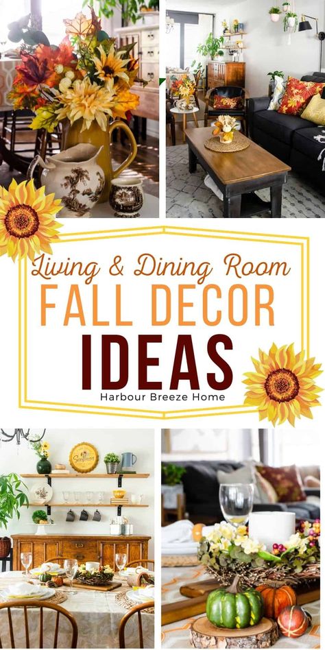 Quick, easy, & inexpensive Fall decor ideas for the living & dining room. Perfect for boho, modern farmhouse, or traditional decor styles, these ideas use sunflower yellow, faux pumpkins, & floral patterns mixed with neutral decor. Find ideas using decor items you probably already have! Sunflower Fall Decor, Black Fireplace Mantel, Boho Fall Decor, Blue Fall Decor, Simple Table Settings, Inexpensive Decor, Antique Buffet, Cozy Fall Decor, Yellow Decor