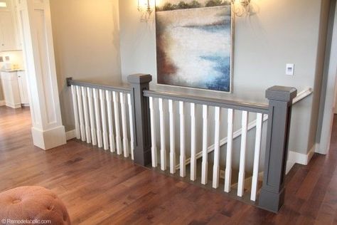 Grey and white hand rail, stairs Top Of Stairs Railing Ideas, Stair Guardrail, Farmhouse Railing, Rail Stairs, Open Basement Stairs, Railing Wood, White Railing, Hall Door, Basement Stairwell