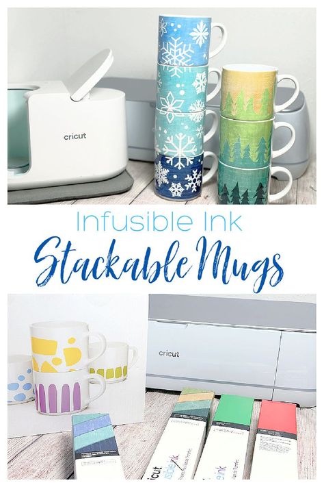 Make a wintery stack of mugs, perfect for gifts or drinking something hot on a cold day, with infusible ink and the Cricut Mug Press. #ad 2 different designs included in the tutorial, snowflakes and pine trees. #cricutmade Diy Christmas Mugs, Press Ad, Pine Tree Design, Stackable Mugs, Mug Sets, Cricut Mug Press, Traditions To Start, Diy Mugs, Mug Press