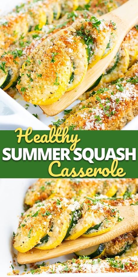 Healthy Squash Casserole recipe that is made with yellow squash, zucchini, a crunchy breadcrumb and Parmesan topping and then baked in the oven to crispy perfection!  This easy summer squash and zucchini casserole is a wonderful side dish casserole recipe to serve for summer picnics or at your Thanksgiving table! Squash Casserole Recipe | Baked Zucchini and Squash #evolvingtable #yellowsquash #zucchini #squash #casserole Ww Squash And Zucchini Recipes, Recipe For Squash And Zucchini, Dinner Ideas Squash, Yellow Zucchini Squash Recipes, Zucchini Squash Sweet Potato Recipes, Parmesan Squash And Zucchini, Light Main Dish Recipes, Zucchini And Yellow Squash Dinner Recipes, Zucchini Casserole Vegan