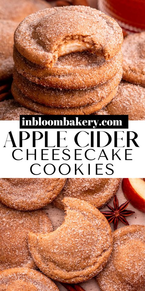 Apple Cider Cheesecake Bars, Caramel Apple Cider Cookies Recipes, Apple Cider Cheesecake Muffins, Apple Pumpkin Cookies, Apple Cider Cheesecake Cookies, Halloween Sweets Recipes, Cookies With Apples, Apple Desert Ideas, Fall Stuffed Cookies