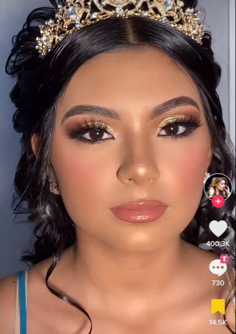 Quince Make Up Emerald Green, Hair And Makeup For Quince, Subtle Quince Makeup, Quince Makeup Looks For Red Dress, Gold Makeup Looks Quinceanera, Full Face Makeup Quinceanera, Quince Gold Makeup Looks, Quinceanera Make Up Natural, Natural Glam Quince Makeup