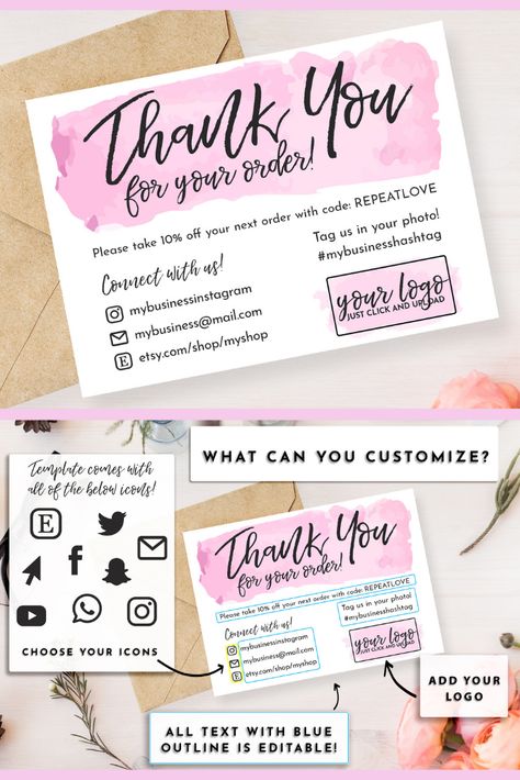 Thank You Customers, Small Business Cards, Packaging Ideas Business, Diy Business Cards, Karten Design, Printable Thank You Cards, Small Business Packaging, Business Thank You Cards, Card And Envelope