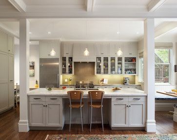 traditional kitchen posts if the whole wall can't come down. Like this color Gray fire accent island. Islands With Columns, Kitchen With Post, Kitchen Island With Columns Posts, Kitchen Island With Columns, Open Galley Kitchen, Kitchen Open Concept, Galley Kitchen Design, Galley Kitchen Remodel, Kitchen Post