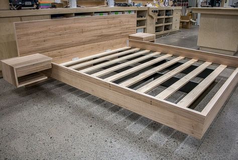 DIY Floating Bed Frame with LED Lighting Plans Ideas | Home Interiors Floating Bed Master Room, Floating Bed Headboard, Custom Bed Frames, Custom Platform Bed, Diy Floating Bed Frame How To Build, How To Make A Floating Bed, Homemade Bed Frames, Floating Bed With Headboard, Pedulla Studio