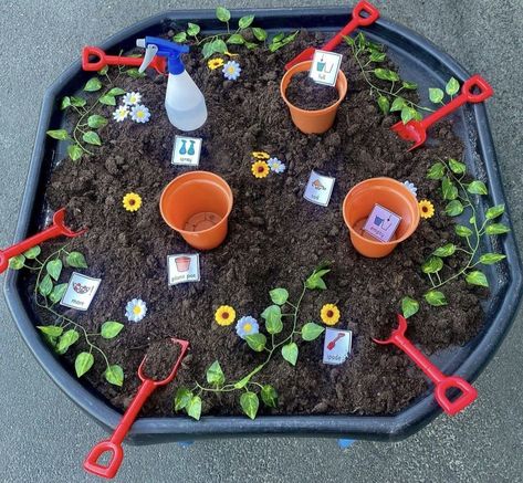 Garden Activities For Babies, Spring Messy Play Ideas, Garden Tuff Tray Ideas, Spring Activities Eyfs, Baby Room Activities, Tuff Tray Ideas Toddlers, Messy Garden, Toddler Sensory Bins, Nursery Planning