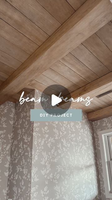 Amanda Vernaci | Come Stay Awhile on Instagram: "Follow @comestayawhile for more budget friendly DIY projects! 💪🏼   BEAM DREAMS 😍😍😍 I cannot believe I did that! It totally elevated this space and added so much warmth and character. What do you think?!  FAQs: Stain color: 2 coats early American, 2 coats weathered oak Ceiling planks: 1/4in sande plywood ripped into 5in strips Beam size: 4.5in tall x 5.5in wide Bathroom size: 7.5ft x 5ft  #diyhomeprojects #fauxbeams #homeimprovementprojects" Bathroom With Beams Ceilings, Cedar Plank Ceiling Bedroom, Pickled Ceiling Planks, Beamed Kitchen Ceiling, Wood Panel Bathroom Ceiling, How To Plank Ceiling, Wood On Bedroom Ceiling, Faux Beams Low Ceiling Bedroom, Wood Plank Ceiling Bathroom