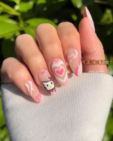 hello kitty nails 💗 Hello Kitty Oval Nails, Nail Art Designs Hello Kitty, Cute Nails Hello Kitty, Cartoon Nail Art Designs, Nails Hello Kitty, Paznokcie Hello Kitty, Short Pink Nails, Vogue Nails, Hello Kitty Nails Art