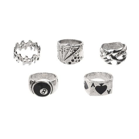 Includes: 5 Rings Material: Iron One size fits most Jewelry Care: Wipe clean or use Spencer's Jewelry Wipes Imported Note: Do not use any harsh, alcohol-based chemicals as this may cause tarnishing This is a decorative item and should not be worn to sleep 6 Pack Rings, Chunky Vintage Rings Silver, 8 Ball Ring, Rings Masc, Weird Rings, Streetwear Rings, Grunge Rings, Jewelry Png, Ace Ring