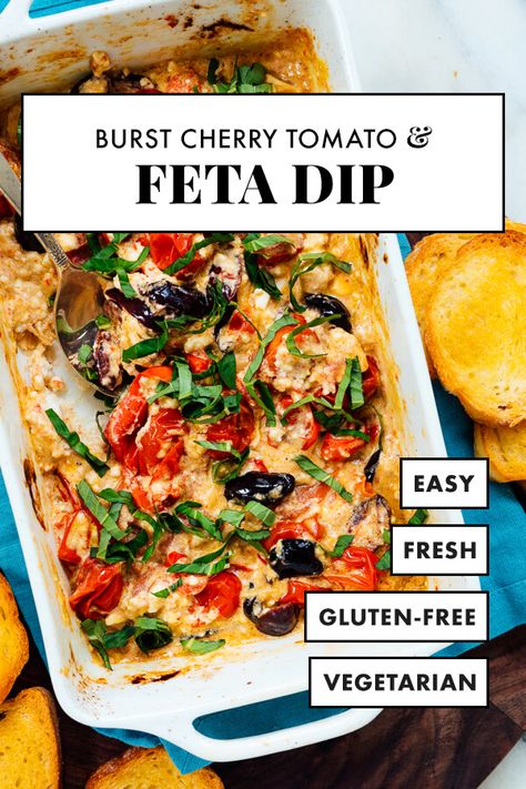 This baked feta dip is the perfect summer appetizer! This easy dip recipe features creamy feta, burst cherry tomatoes, optional olives and fresh basil. Serve it with crostini, pita chips or your favorite accompaniments. #fetadip #bakedfeta #feta #summerappetizer #cookieandkate Baked Feta Dip, Cherry Tomato Appetizers, Burst Cherry Tomatoes, Baked Feta Recipe, Tomato Appetizers, Baked Dips, Creamy Feta, Easy Dip, Baked Feta