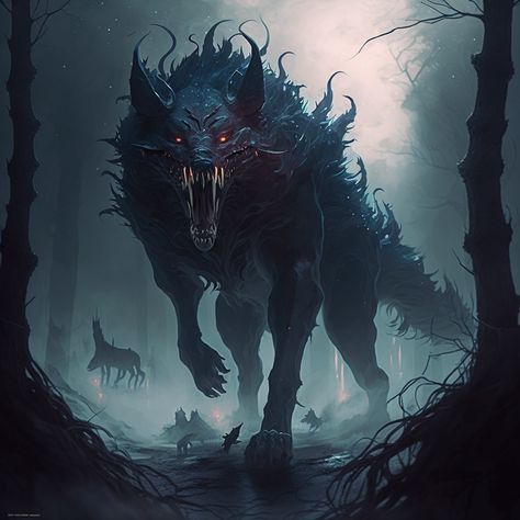 A large wolf-like creature growls at camera, possibly ready to fight. It’s fur is, at a closer look, made of tentacles and the follicles are actually small tendrils of smoke. This ethereal monstrous beast is not of our world. Shadow Beast Fantasy Art, Cold Monster Art, Fantasy Wolf Monster, Wolf Like Creature, Wolf Demon Art, Spider Wolf Hybrid, Fantasy Wolf Concept Art, Monster Wolf Art, Fantasy Dark Creature