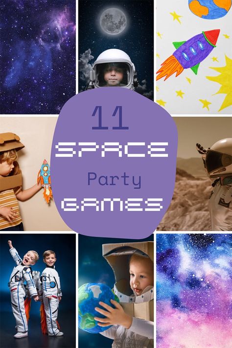 Space Themed Games For Galaxy Parties Galaxy Party Game Ideas, Galaxy Birthday Party Activities, Space Theme Birthday Games, Space Birthday Games For Kids, Space Themed Pe Games, Galaxy Birthday Party Games, Space Theme Games For Kids, Outer Space Birthday Party Ideas, Galaxy Party Games