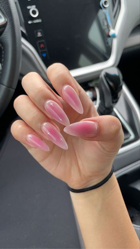 Almond Nails Ombre Designs, Neutral Pink Nails Design, Almond Nails Easy Designs, Pink Aura Nails With Chrome, Pink Chrome Nails With Design, Pink Nails Ideas 2024, Almond Nails Designs Birthday, Full Colour Nails, Pink Aura Nails Almond