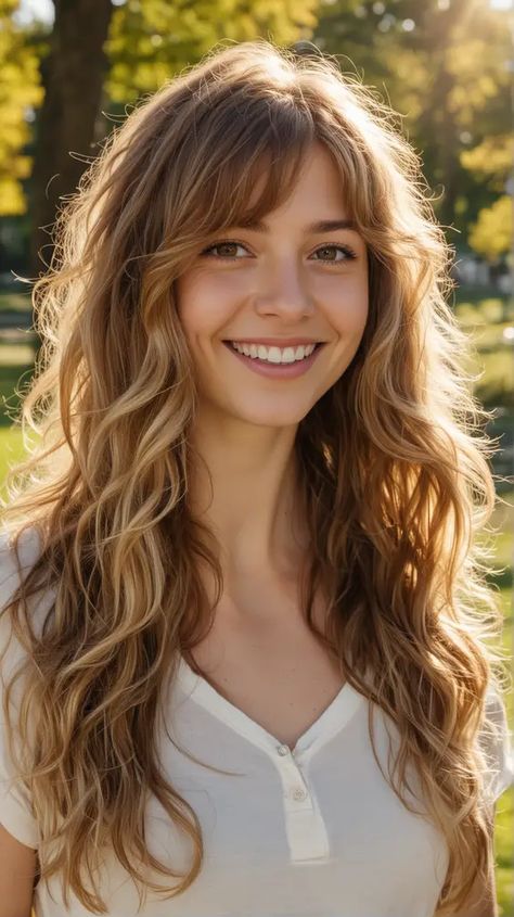 20 Transform Your Look with Blonde Bangs on Brown Hair Wavy Hair With Layers And Face Framing, Shaggy Layers Curly Hair, Natural Blonde With Bangs, Long Wavy Hair With Face Framing Layers, Bardot Bangs Wavy Hair, Face Framing For Curly Hair, Naturally Wavy Hair With Bangs, Long Curly Hair With Face Framing Layers, Long Hair Layers Wavy