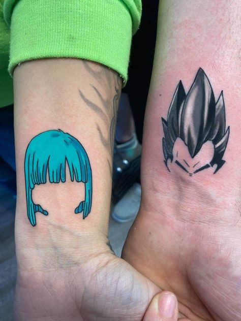 My husband and I got Vegeta & Bulma tattoos. Figured id share it on pinterest incase anyone else was looking for cool anime tattoo ideas to get with their husband/boyfriend. Dragonball Tattoo Ideas Vegeta, Dragon Ball Z Couple Tattoo, Vegeta Bulma Tattoo, Dragon Ball Matching Tattoo, Bulma And Vegeta Tattoo, Bulma Tattoo Ideas, Couples Anime Tattoos, Couple Anime Tattoo, Matching Anime Tattoos Couples