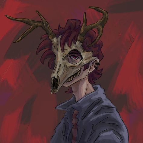 My oc with his silly lil deer skull mask 😋 Deer Skull Mask, Deer Skull Drawing, Deer Mask, Deer Skull Art, Demon Aesthetic, Mask Drawing, Deer Skull, Deer Art, Skull Mask