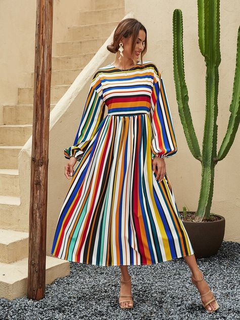 Beach Dresses Diy, Long Shirt Women, Long Striped Dress, Gown Pattern, Lantern Sleeve Dress, Dressy Dresses, Multicolor Dress, Indian Designer Outfits, Fashion Attire