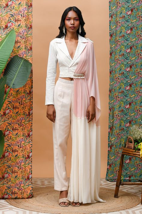 Shop for these amazing collections of Ivory Linen Attached Drape Lapel Collar Shirt With Pant For Women by Rishi & Vibhuti online at Aza Fashions. Ivory Drapes, Draped Shirt, Rose Gold Fabric, Kids Indian Wear, Kimono Shirt, Elegant Outfit Classy, Pant For Women, Straight Fit Pants, Linen Color