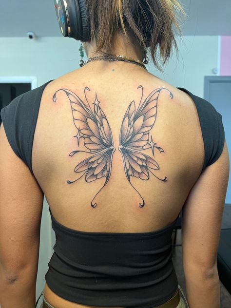 fresh fairy wings back tattoo Wings Spine Tattoos For Women, Butterfly Tattoo Designs On Back, Big Back Butterfly Tattoo, Butterfly Back Piece Tattoo, Matching Butterfly Wing Tattoo, Butterfly Tattoo Wings Back, Fairy Angel Wings Tattoo, Fairy Wings Neck Tattoo, Back Tat Wings