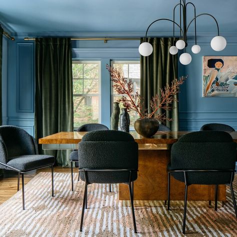 Natalie Papier (From Magnolia Network) Turns a Very Beige Home Into A Colorful Oasis — Real Simple Dining Room Blue, Trending Paint Colors, Neutral Living Room, Dining Room Inspiration, Eclectic Design, Interior Projects, Room Paint, Blue Walls, Dining Room Design