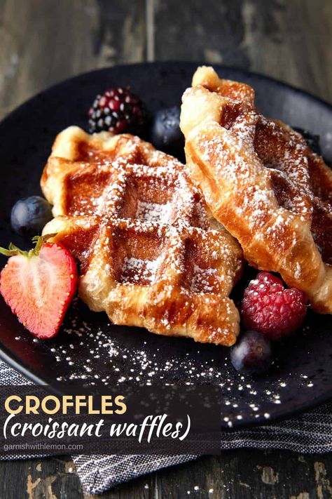 Break out of your breakfast rut with these delicious, homemade Croffles. Buttery, flaky croissant dough is rolled in sugar and cooked in a piping hot waffle maker for golden, airy croissant waffles that are caramelized and crunchy on the outside and soft and tender on the inside. You only need 2 ingredients and 5 minutes to make these Croffles! Crescent Rolls In Waffle Maker, Waffle Maker Breakfast Ideas, Sweet Breakfast Croissant Ideas, Waffle Crossaint, Crossiant Waffle, Crescent Roll Waffles, Crossaint Waffles, Croffles Recipe, Waffle Dessert Ideas