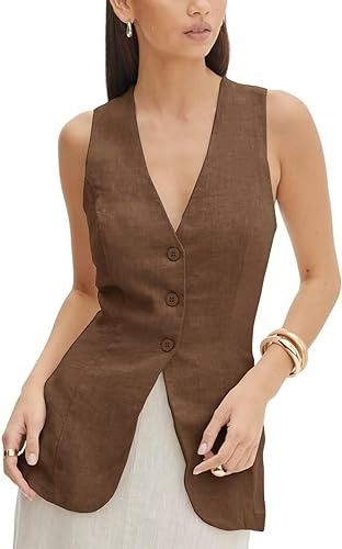 MAINUOGT Women's Summer Linen Vest Sleeveless 3 Button V Neck Casual Beach Waistcoat at Amazon Women’s Clothing store Linen Waistcoat Woman Outfit, Waistcoat Woman Outfit, Sleeveless Shirt Women, Vest Design, Waistcoat Woman, Lawyer Outfit, Linen Vest, Royal Clothing, Fashion Terms