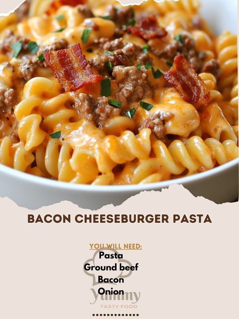 🍝 "Bacon Cheeseburger Pasta—a fun, flavorful twist on classic cheeseburgers. Creamy, cheesy, and oh-so-delicious! 🍔🍝 #PastaRecipes #ComfortFood" Bacon Cheeseburger Pasta Ingredients: Pasta (8 oz, uncooked) Ground beef (1 lb) Bacon (4 strips, cooked and crumbled) Onion (1, chopped) Garlic (2 cloves, minced) Tomato sauce (1 cup) Cheddar cheese (1 cup, shredded) Cream (1/2 cup) Salt and pepper (to taste) Instructions: Cook pasta according to package instructions. Drain and set aside. In a sk... Cheese Burger Macaroni, Bacon Cheeseburger Pasta, Cheeseburger Mac And Cheese, Bacon Cheeseburger Casserole, Cheeseburger Pasta, Mexican Casserole Recipe, Beef Bacon, Baked Bacon, Bacon Pasta