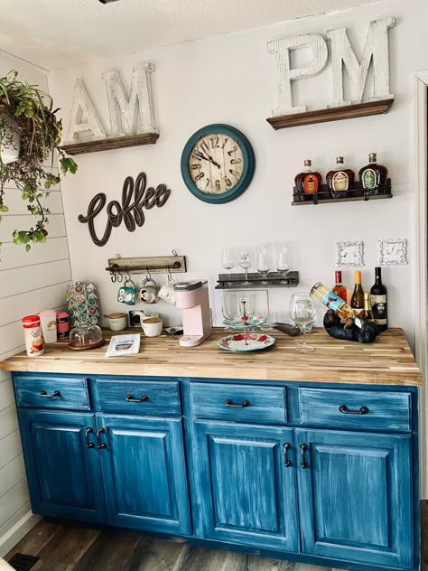 Am Pm Coffee Wine Bar Ideas, Bar Themed Kitchen, Loadshedding Ideas, Lake House Coffee Bar Ideas, Coffee And Bar Ideas, Country Bar Ideas For Home, Blue Coffee Bar, Am Pm Bar Ideas, Am Pm Bar