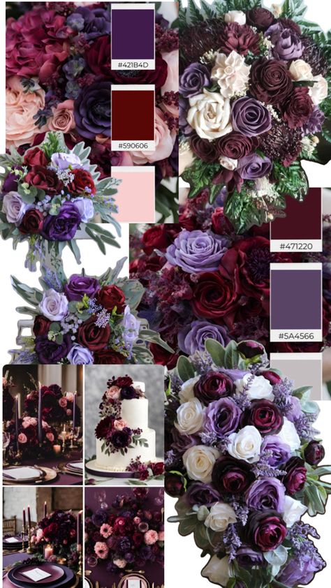 Fall Purple Centerpieces, Dark Purple Winter Wedding, Dark Purple And Burgundy Wedding, Lilac And Maroon Wedding, Engagement Colour Themes, Purple And Red Wedding Theme Bridesmaid Dresses, Spring Purple Wedding, Red Purple Black Wedding Color Schemes, Red Purple Wedding Color Schemes