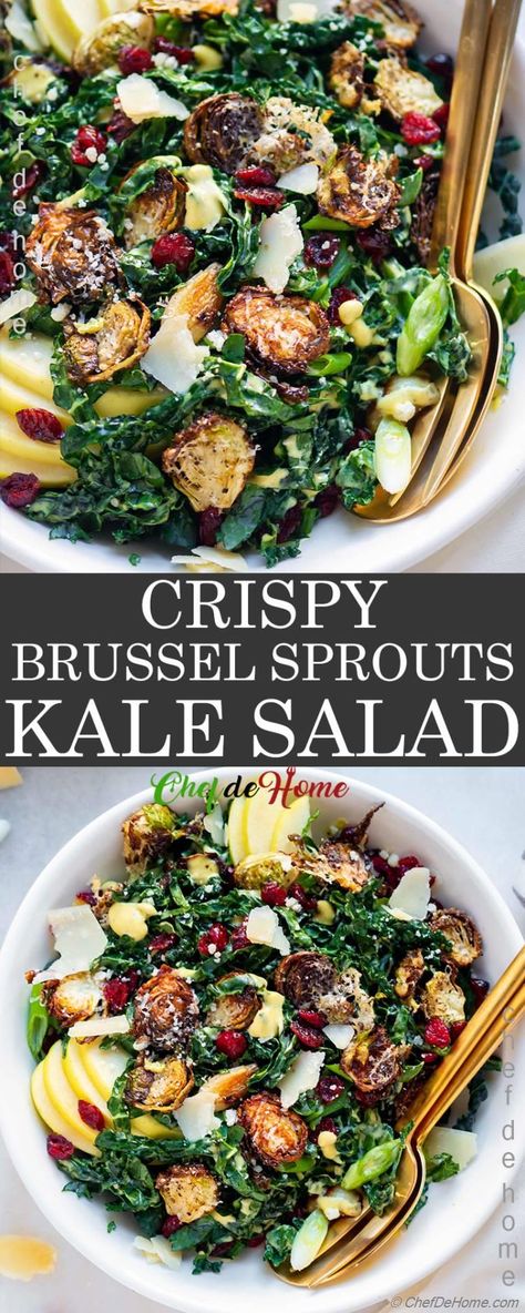 Kale And Brussel Sprout Caesar Salad, Roasted Kale Salad Recipes, January Salad Recipes, Kale Fall Salad Recipes, Brussel Salad Recipes, Thanksgiving Kale Salad Recipes, Kale And Brussels Sprout Salad, Christmas Kale Salad, Fall Kale Salad Recipes