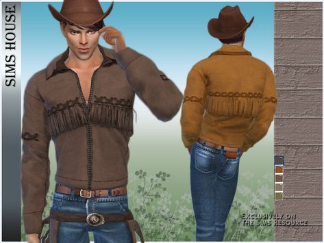 The Sims Resource - MEN'S FRINGED JACKET Ts4 Cowboy Cc, Sims 4 Cc Country Clothes Male, Cowboy Sims 4 Cc, Sims 4 Cowboy Cc, Men Western Outfits, Ranch Clothes, Desert Clothing, Male Cowboy, Holographic Jacket